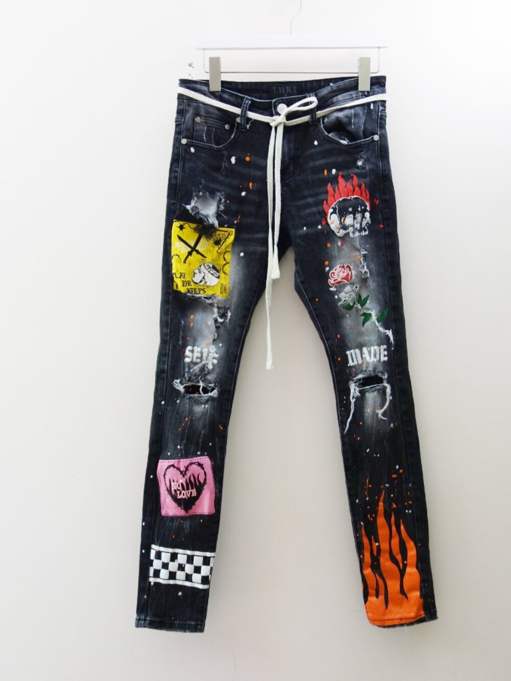 THRT Streetwear Graphic Paint Splatter Skinny Distressed Y2K Denim Jeans(30)